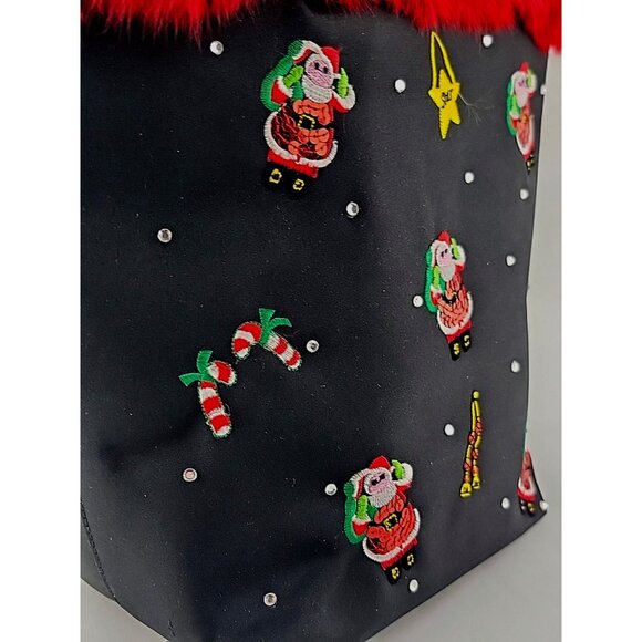 VTG Christmas Holiday Tote Bag Black Red Faux Fur Trim Embroidered Santa Sequin - Picture 13 of 14